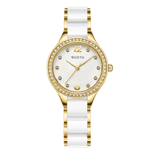 Anne Klein — Gold-Tone, Crystal Bezel, Pink MOP Dial & White Ceramic Bracelet, Women