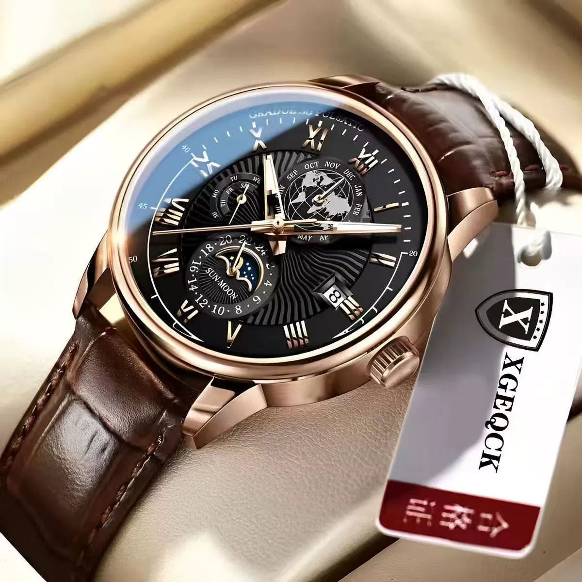 XGEQCK Men's Multifunctional Moon Phase Rose Gold Black Dial Roman Numerals Brown Leather Strap Business Watch