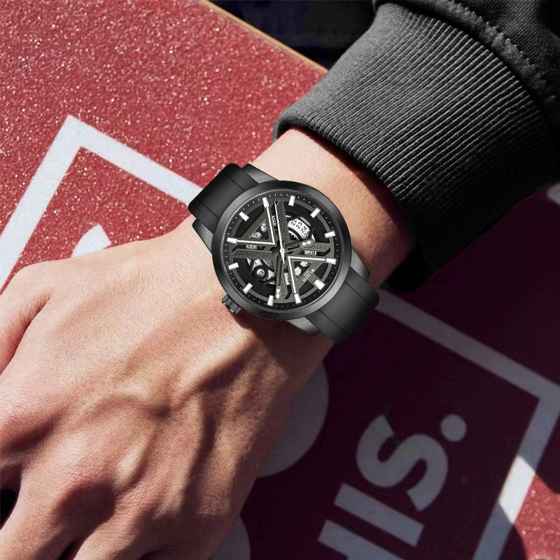 WLISTH 1853 Automatic — Black PVD Steel, X-Bridge Skeleton Dial, Date & Black Rubber Strap, Men