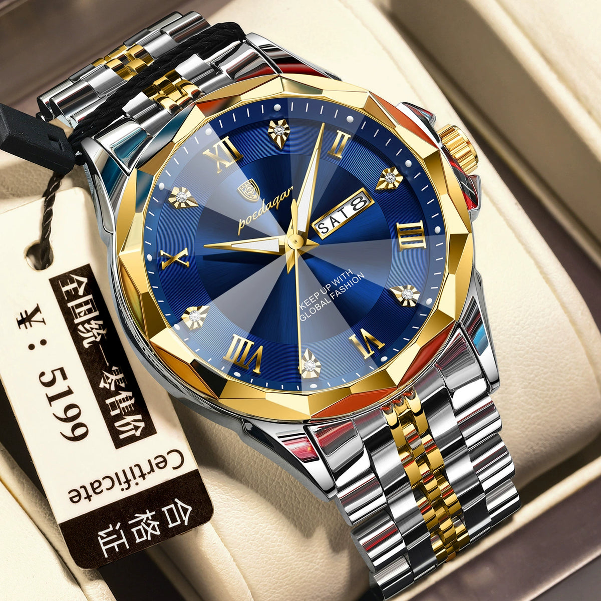 Poedagar — Stainless Steel, White Dial, Day-Date & Steel Bracelet, Men