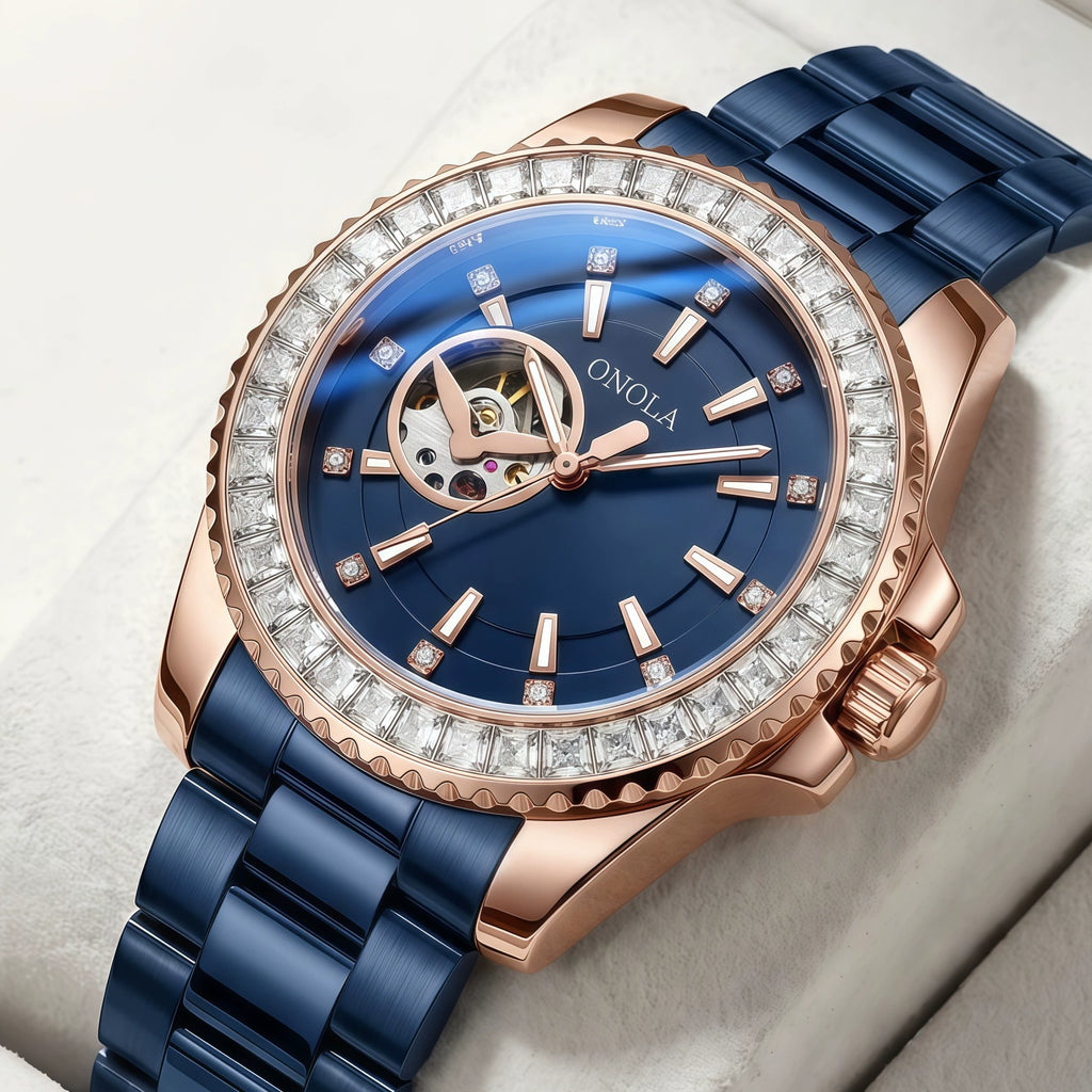 ONOLA Automatic — Steel, Green Baguette Crystal Bezel, Green Skeleton Dial & Steel Bracelet, Men