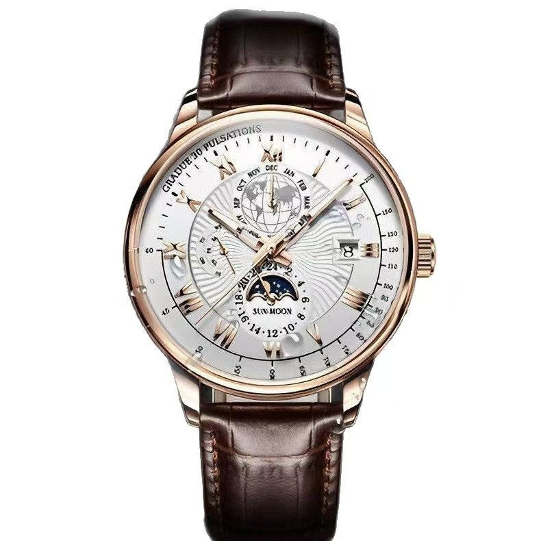 XGEQCK Men's Moon Phase Calendar – Rose Gold Black Dial