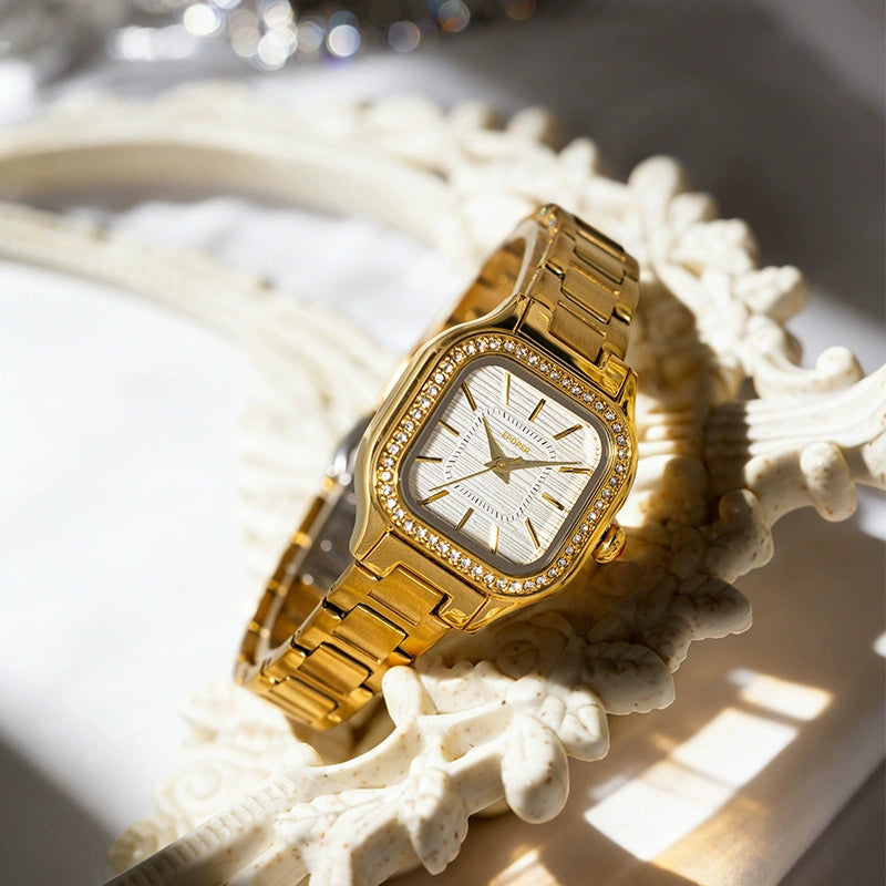 EPOER — Gold-Tone Square Case, Cream Dial, Crystal Markers & Gold Mesh Bracelet, Women