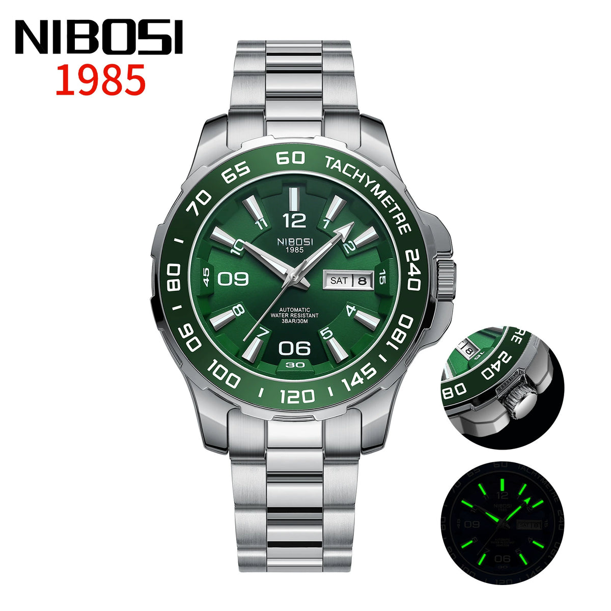 NIBOSI 1985 Automatic — Black PVD Steel, Black Dial, Tachymetre Bezel & Steel Bracelet, Men