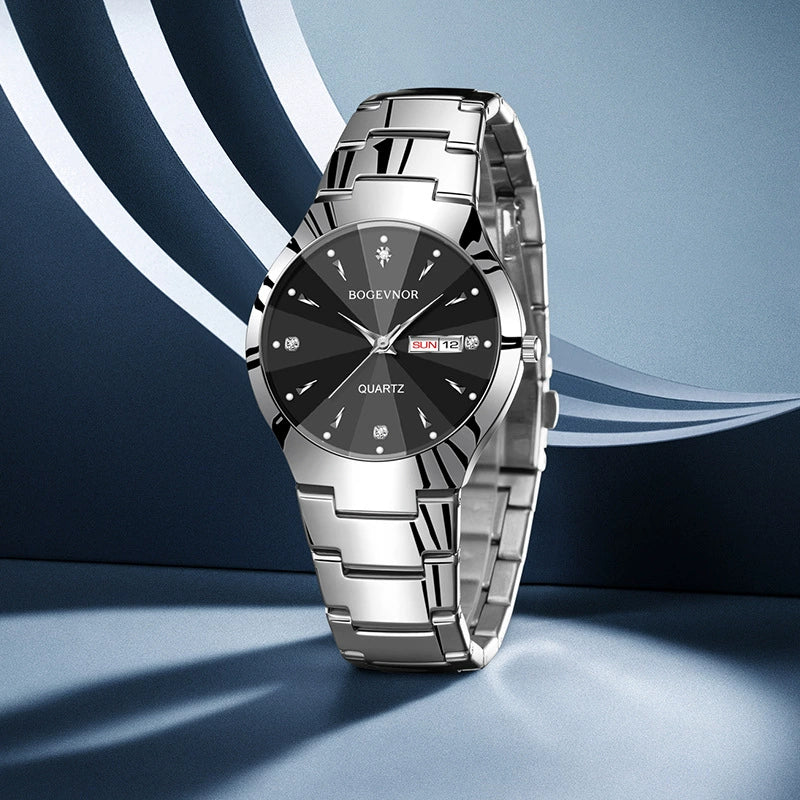Bocevnor — Black Tungsten-Tone Steel, Sunray Dial, Crystal Markers, Day-Date & Steel Bracelet, Men