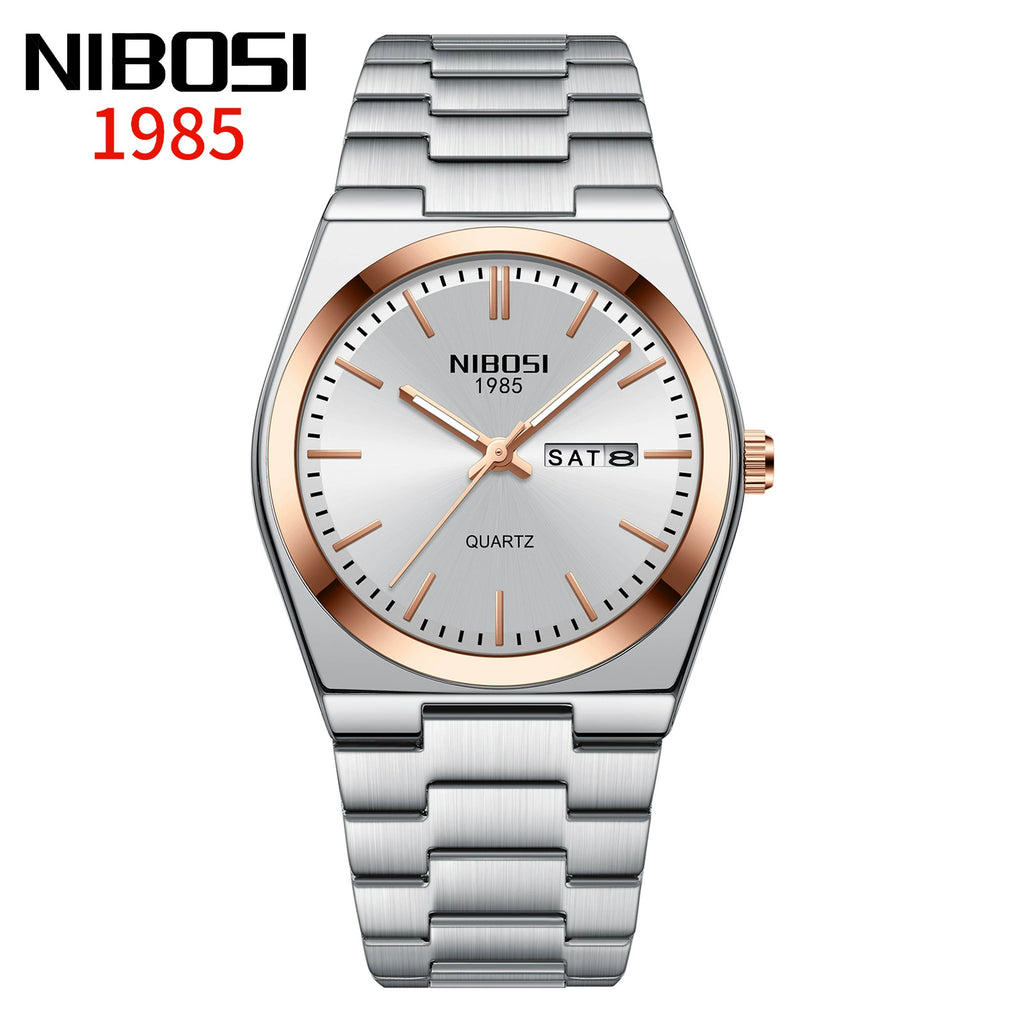 NIBOSI 1985 — Stainless Steel, Blue Sunray Dial, Day-Date & Steel Bracelet, Men