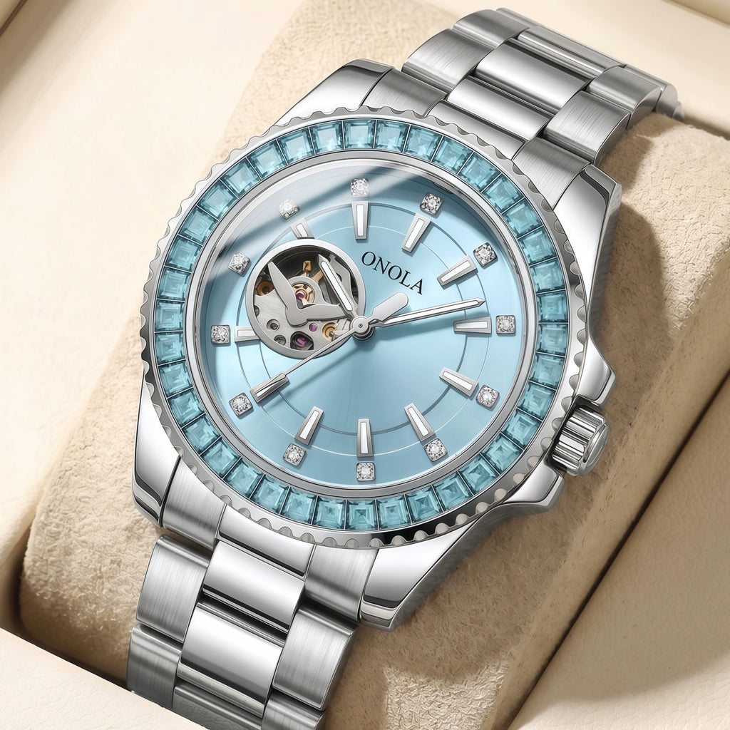 ONOLA Automatic — Steel, Green Baguette Crystal Bezel, Green Skeleton Dial & Steel Bracelet, Men