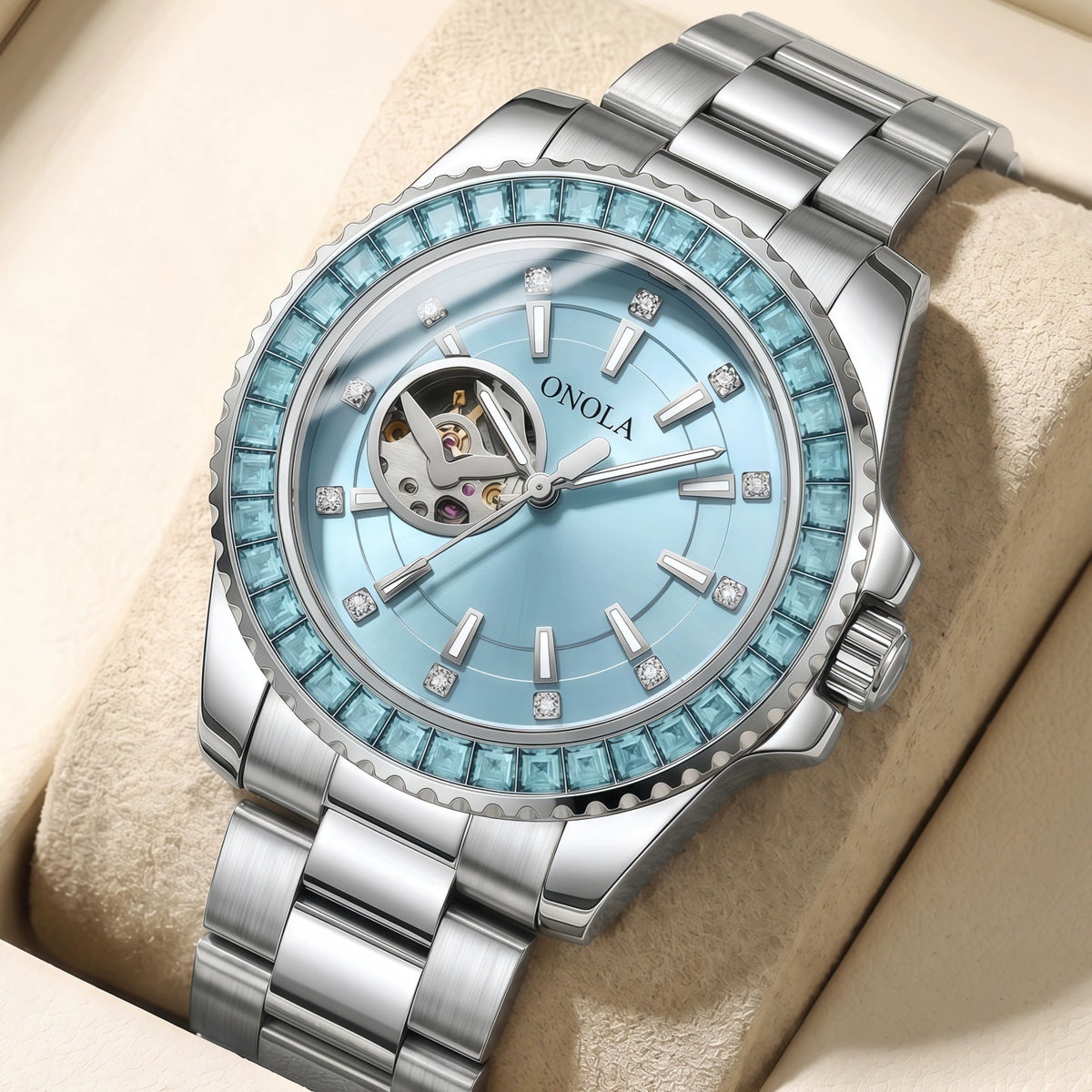 ONOLA Automatic — Steel, Green Baguette Crystal Bezel, Green Skeleton Dial & Steel Bracelet, Men