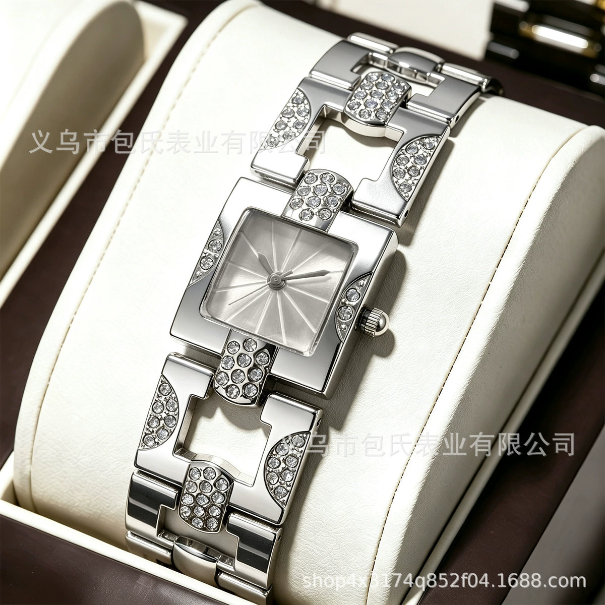 Women's Square Crystal Bracelet Watch Silver Stainless Steel Diamond Link Chain Sunray White Dial Quartz Ladies
