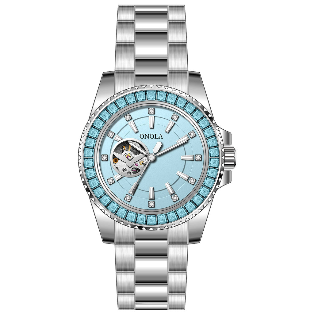 ONOLA Automatic — Steel, Green Baguette Crystal Bezel, Green Skeleton Dial & Steel Bracelet, Men