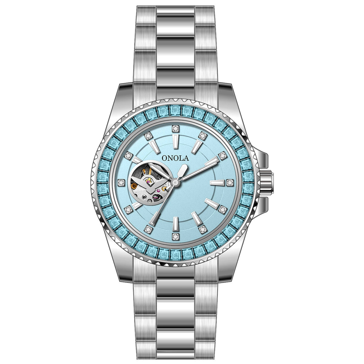 ONOLA Automatic — Steel, Green Baguette Crystal Bezel, Green Skeleton Dial & Steel Bracelet, Men
