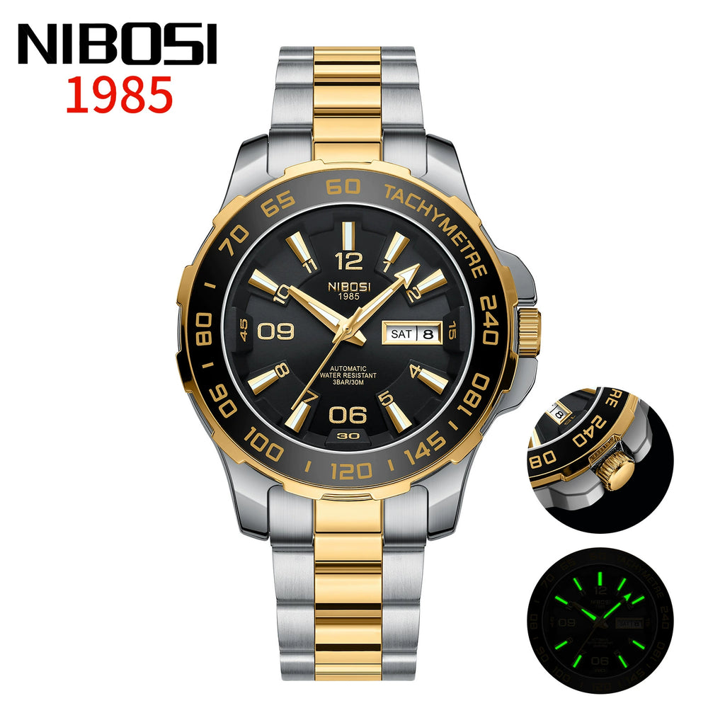 NIBOSI 1985 Automatic — Black PVD Steel, Black Dial, Tachymetre Bezel & Steel Bracelet, Men