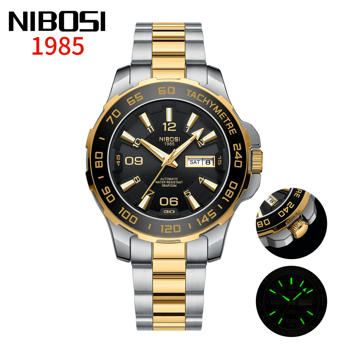 NIBOSI 1985 Automatic — Black PVD Steel, Black Dial, Tachymetre Bezel & Steel Bracelet, Men