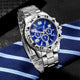 Men's Silver Stainless Steel Chronograph Blue Sunray Dial White Sub-Dials Date Window Steel Bracelet Business Watch