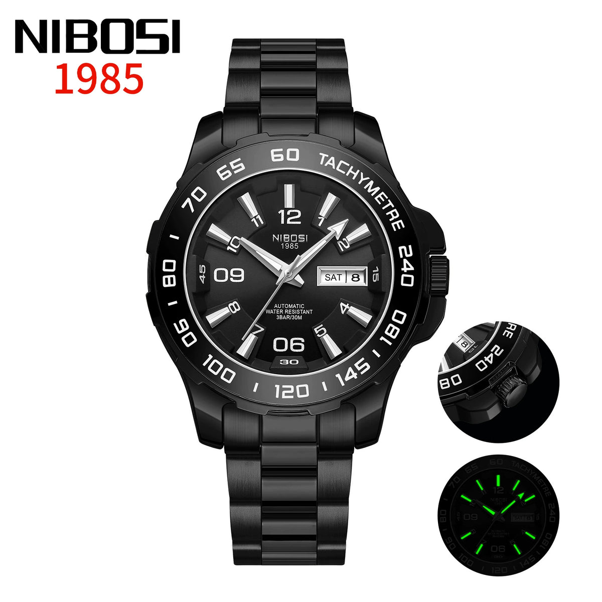 NIBOSI 1985 Automatic — Black PVD Steel, Black Dial, Tachymetre Bezel & Steel Bracelet, Men