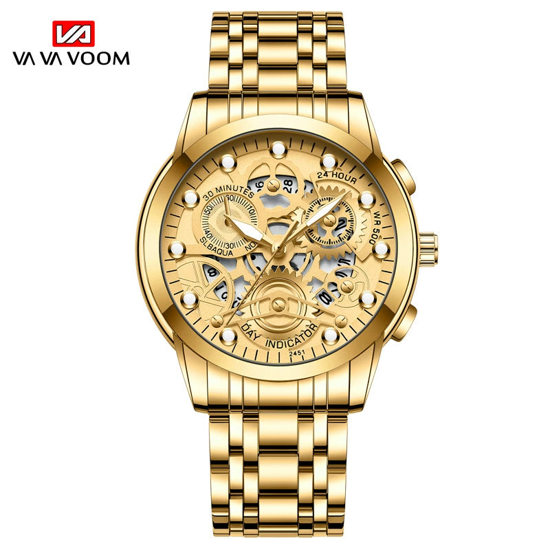 NAVIFORCE Men's Skeleton Chronograph – Gold Black Dial Steel