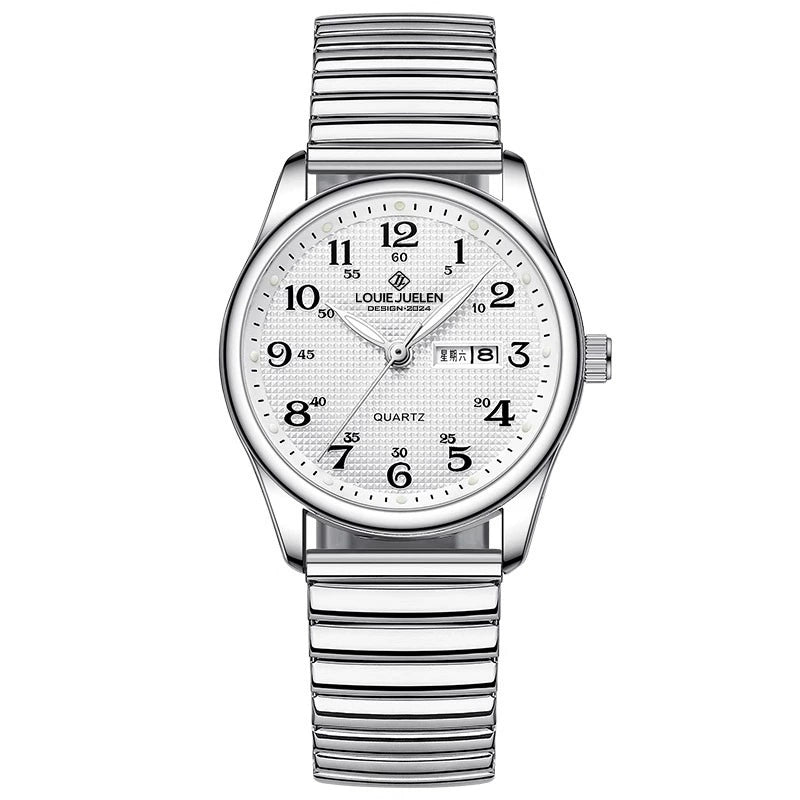 Louie Juelen — Stainless Steel, White Dial, Day-Date & Stretch Bracelet