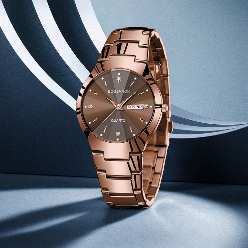Bocevnor — Black Tungsten-Tone Steel, Sunray Dial, Crystal Markers, Day-Date & Steel Bracelet, Men