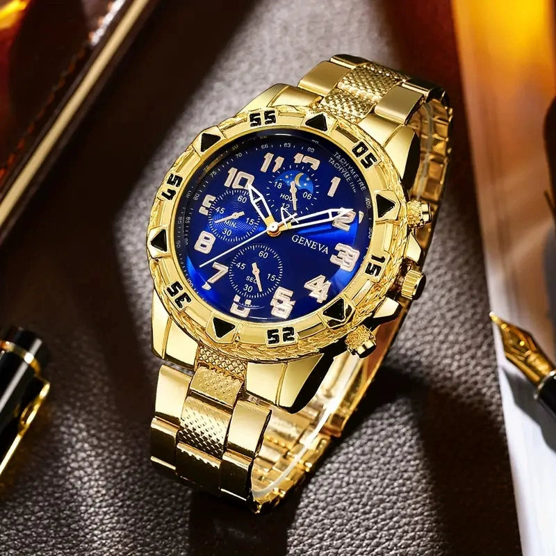 Geneva Men's Chronograph – Gold Case Blue Dial Sport Watch