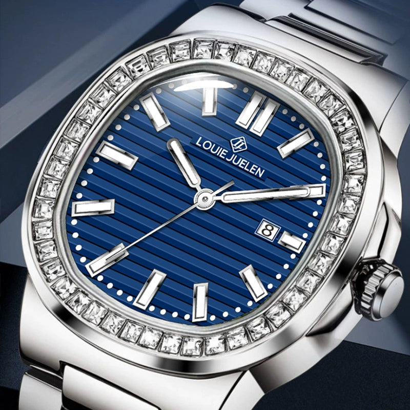 Louie Juelen — Steel, Crystal Bezel, Blue Stripe Dial & Steel Bracelet, Men