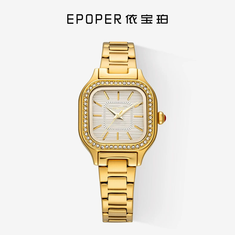 EPOER — Gold-Tone Square Case, Cream Dial, Crystal Markers & Gold Mesh Bracelet, Women