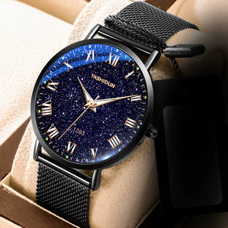 Bocevnor — Black Steel, Blue Galaxy Dial, Arabic Numerals & Black Steel Bracelet, Men