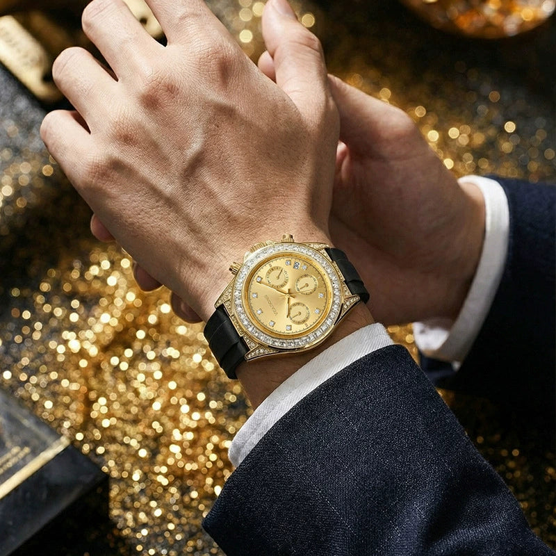 Veadons Chronograph — Gold-Tone, Full Crystal Bezel, Black Dial & Black Rubber Strap, Men