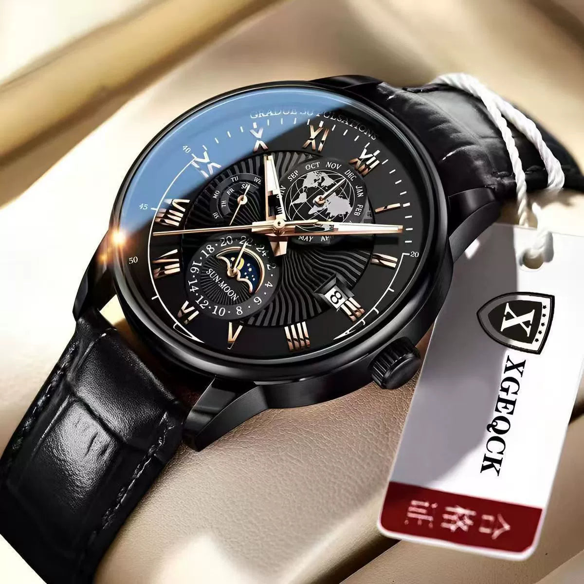 XGEQCK Men's Moon Phase Calendar – Rose Gold Black Dial