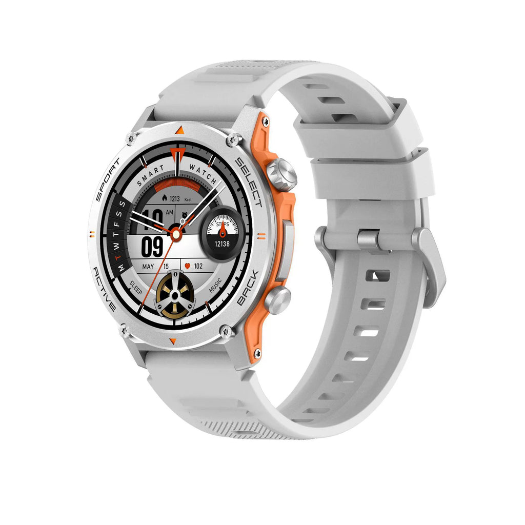 Outdoor Sport Smart Watch — Tactical Case, Heart Rate, Step Counter & Orange Silicone Strap