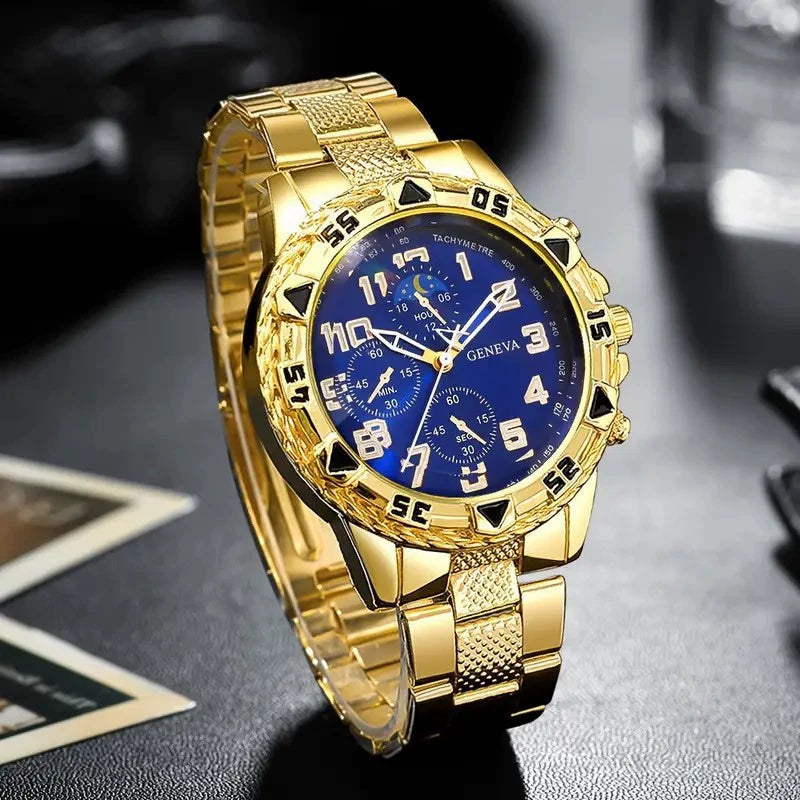 Geneva Men's Chronograph – Gold Case Blue Dial Sport Watch