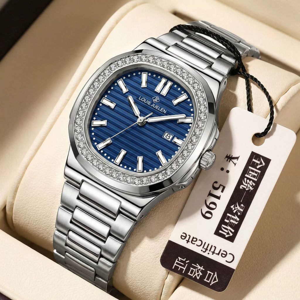 Louie Juelen — Steel, Crystal Bezel, Blue Stripe Dial & Steel Bracelet, Men