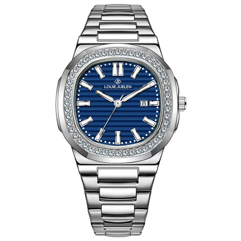 Louie Juelen — Steel, Crystal Bezel, Blue Stripe Dial & Steel Bracelet, Men