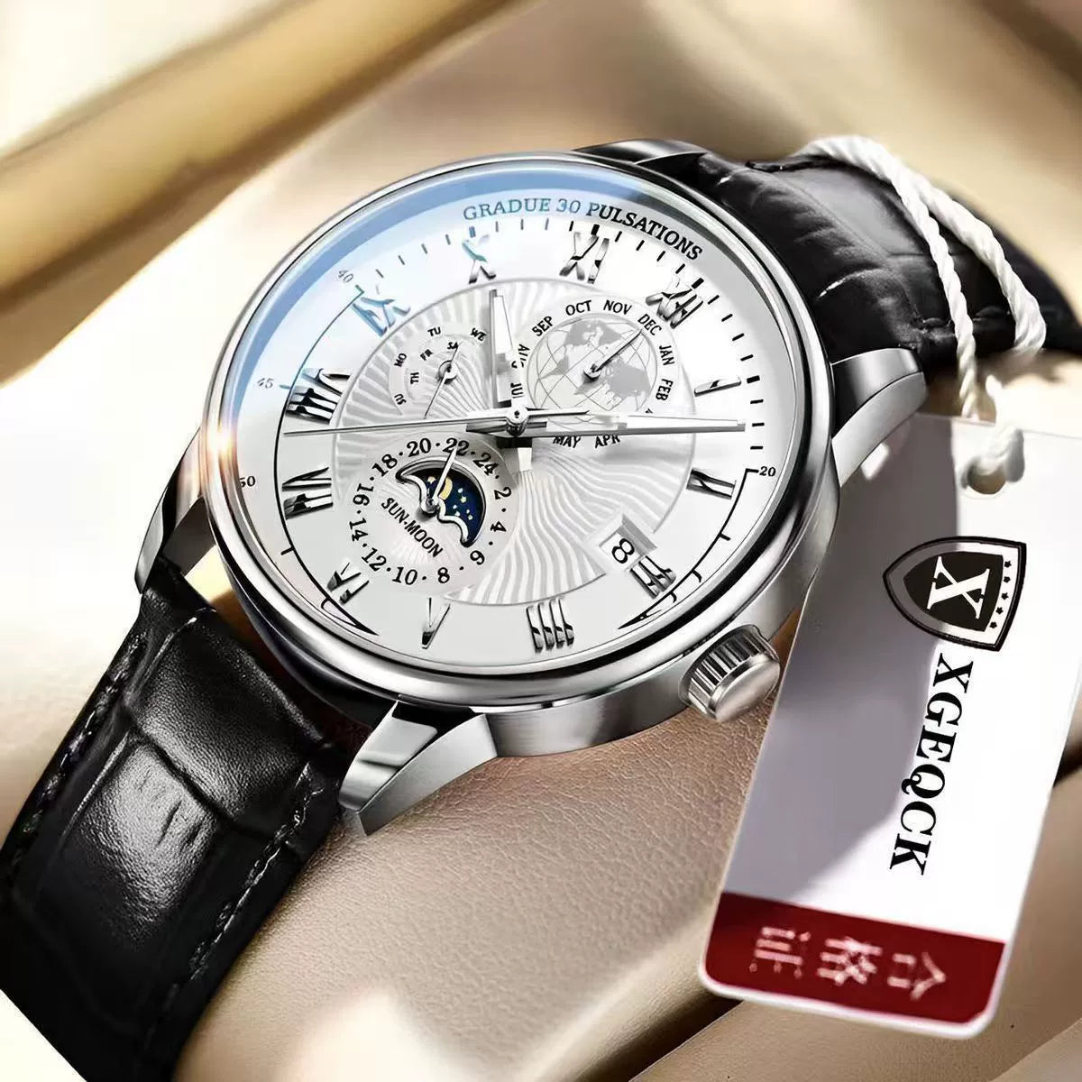 XGEQCK Men's Moon Phase Calendar – Rose Gold Black Dial