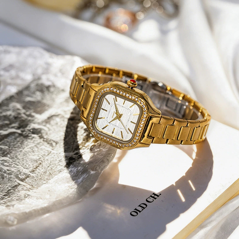 EPOER — Gold-Tone Square Case, Cream Dial, Crystal Markers & Gold Mesh Bracelet, Women