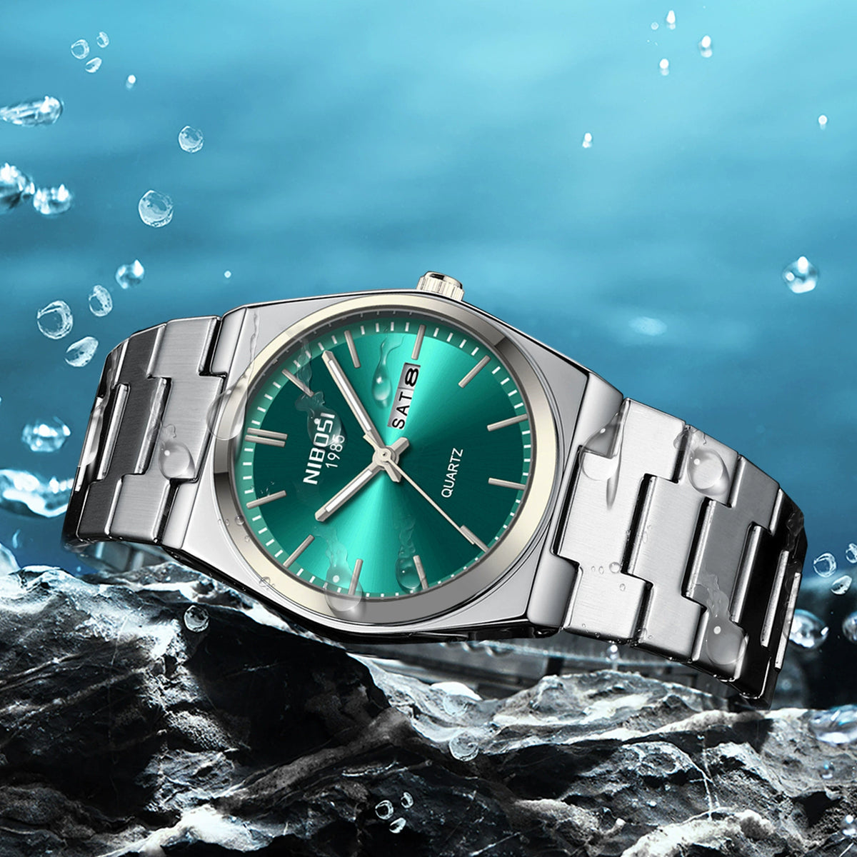 NIBOSI 1985 — Stainless Steel, Blue Sunray Dial, Day-Date & Steel Bracelet, Men
