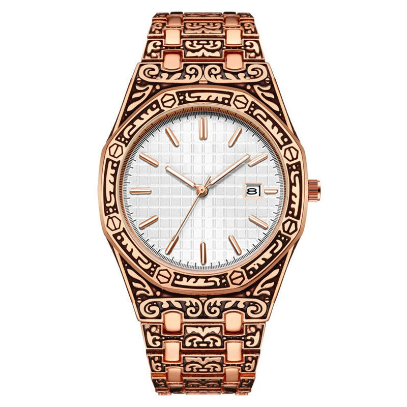 Men's Iced Out Watch – Rose Gold Crystal Diamond Black Dial