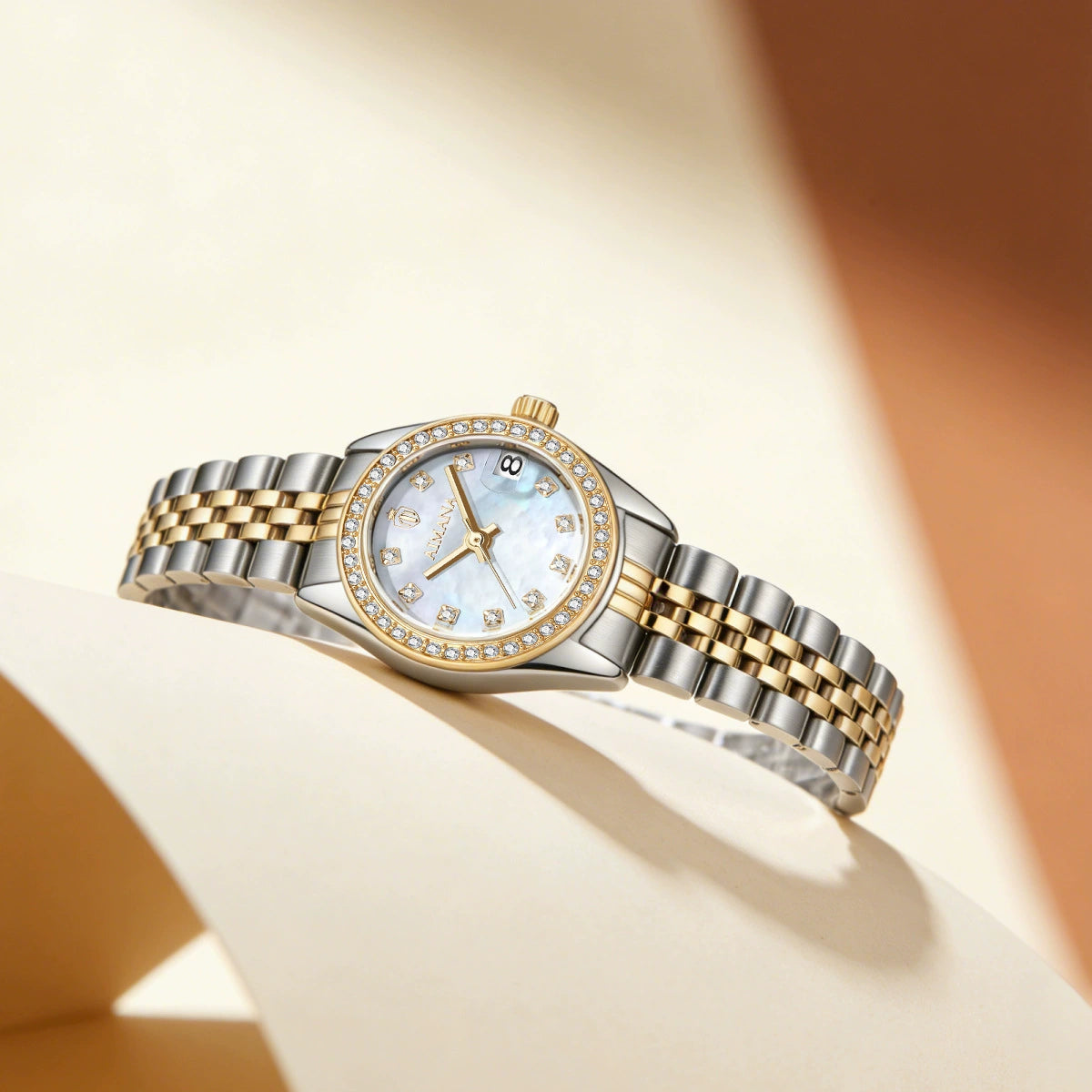 Aimana — Two-Tone Steel & Gold, Diamond Bezel, White MOP Dial & Jubilee Bracelet, Women