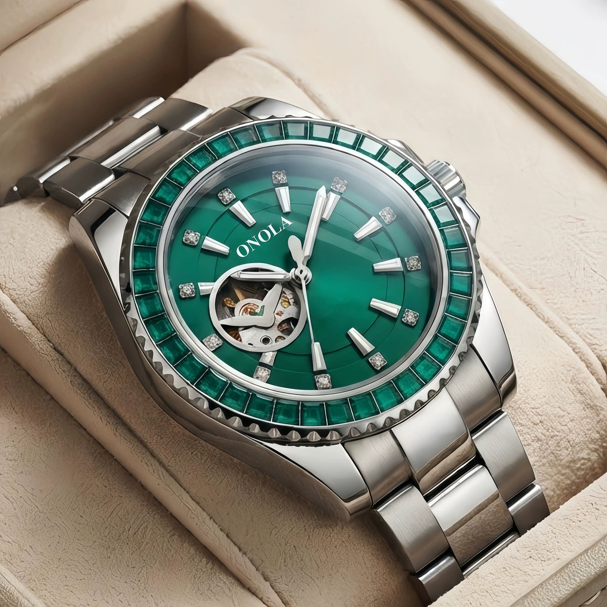 ONOLA Automatic — Steel, Green Baguette Crystal Bezel, Green Skeleton Dial & Steel Bracelet, Men