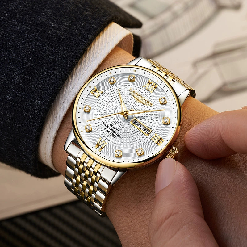 Langqies — Two-Tone Steel & Gold, White Guilloché Dial, Crystal Markers & Two-Tone Bracelet, Men