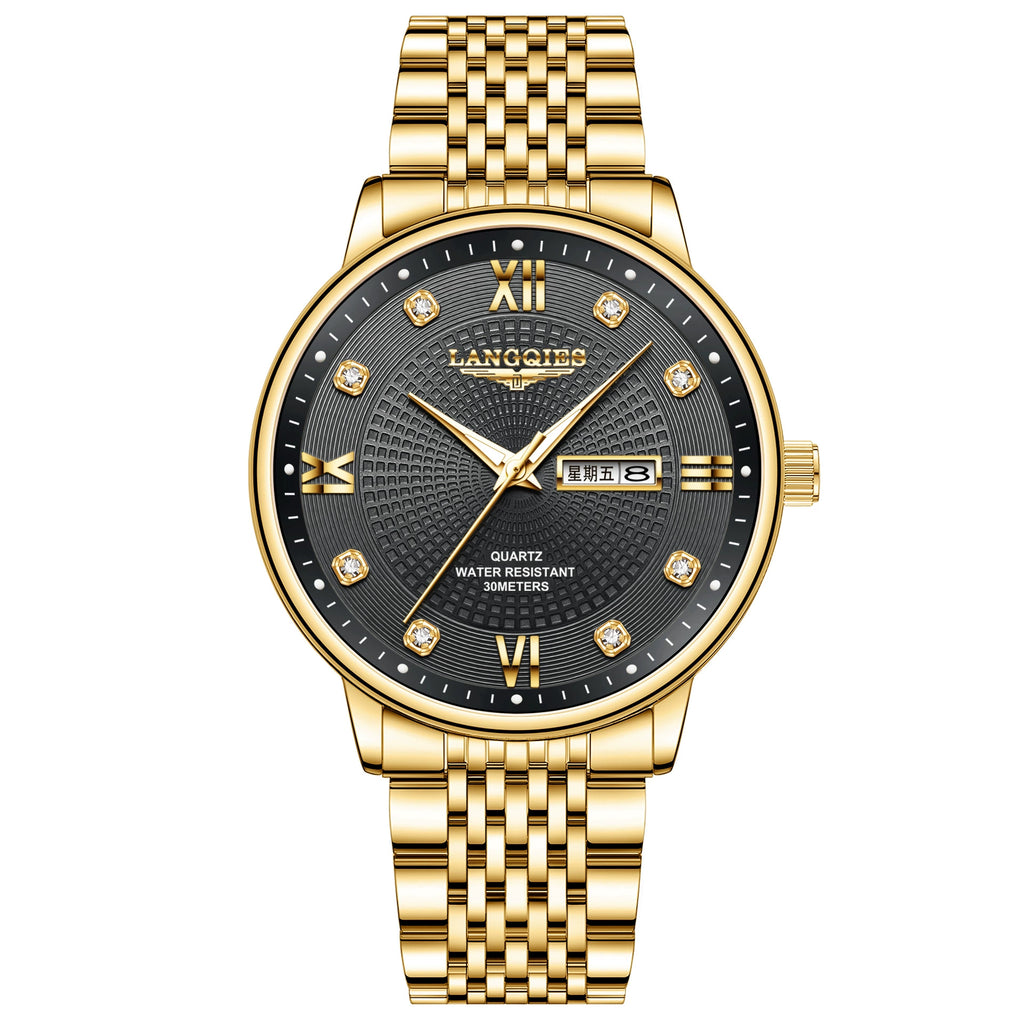 Langqies — Two-Tone Steel & Gold, White Guilloché Dial, Crystal Markers & Two-Tone Bracelet, Men