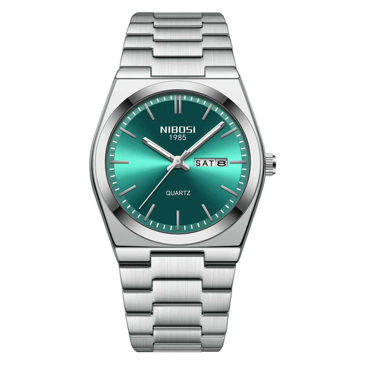 NIBOSI 1985 — Stainless Steel, Blue Sunray Dial, Day-Date & Steel Bracelet, Men