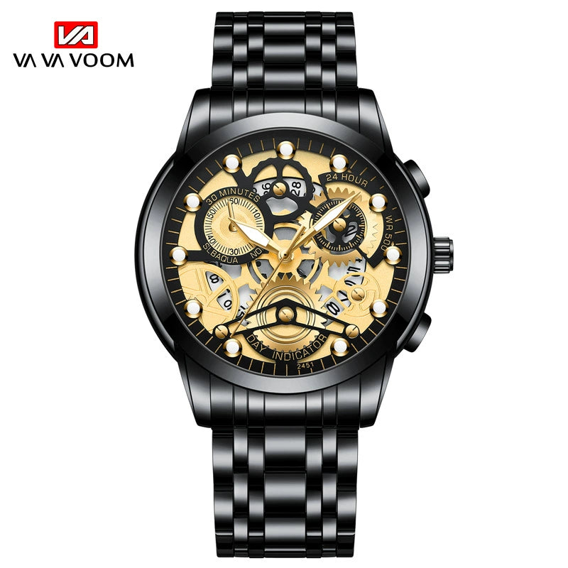 NAVIFORCE Men's Skeleton Chronograph – Gold Black Dial Steel