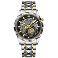 VAVA VOOM Skeleton Automatic Watch Faceted Black Ceramic Bezel Gold Inner Ring Two-Tone Pyramid Link Bracelet Men