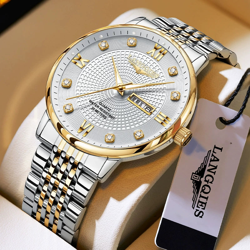 Langqies — Two-Tone Steel & Gold, White Guilloché Dial, Crystal Markers & Two-Tone Bracelet, Men