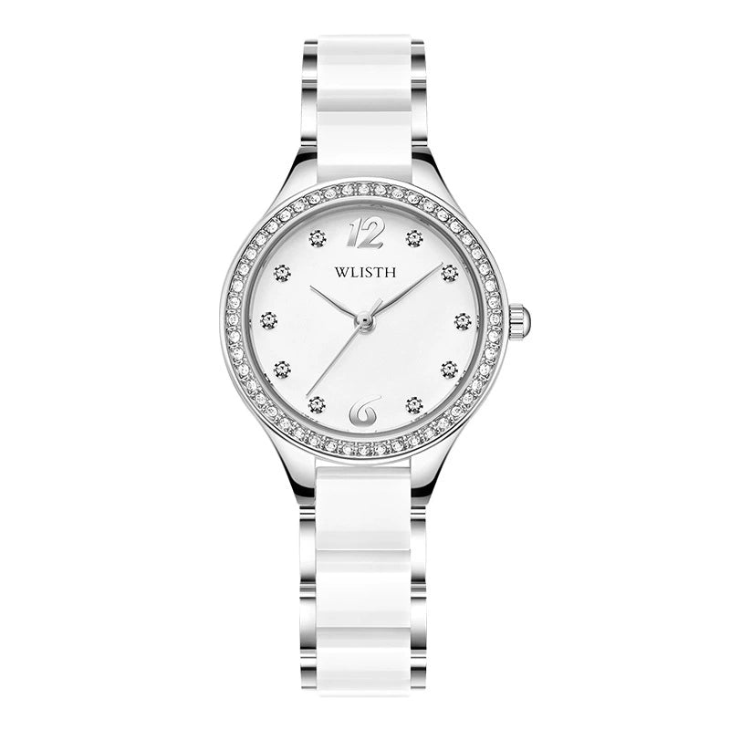 Anne Klein — Gold-Tone, Crystal Bezel, Pink MOP Dial & White Ceramic Bracelet, Women