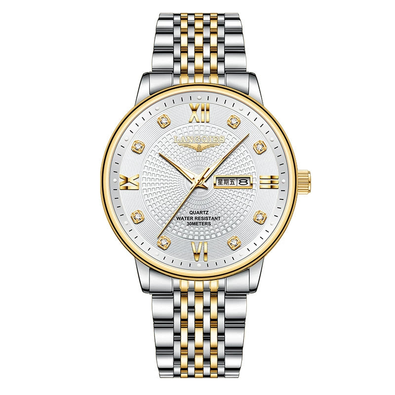 Langqies — Two-Tone Steel & Gold, White Guilloché Dial, Crystal Markers & Two-Tone Bracelet, Men