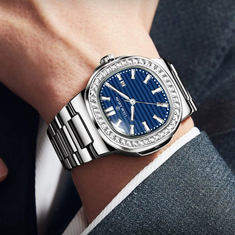 Louie Juelen — Steel, Crystal Bezel, Blue Stripe Dial & Steel Bracelet, Men