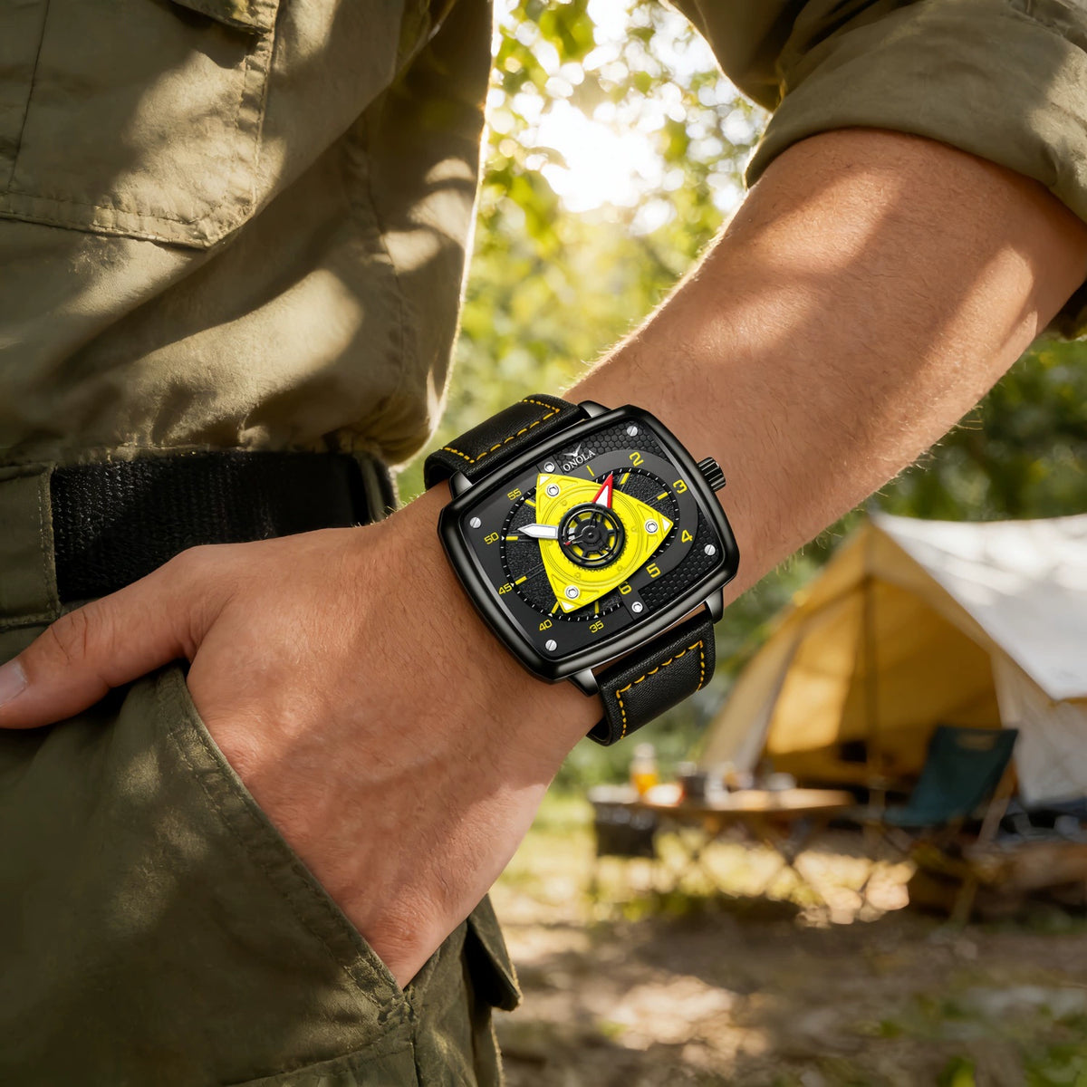 ONOLA — Black Square Case, Yellow Turbine Dial & Black Leather Strap, Men