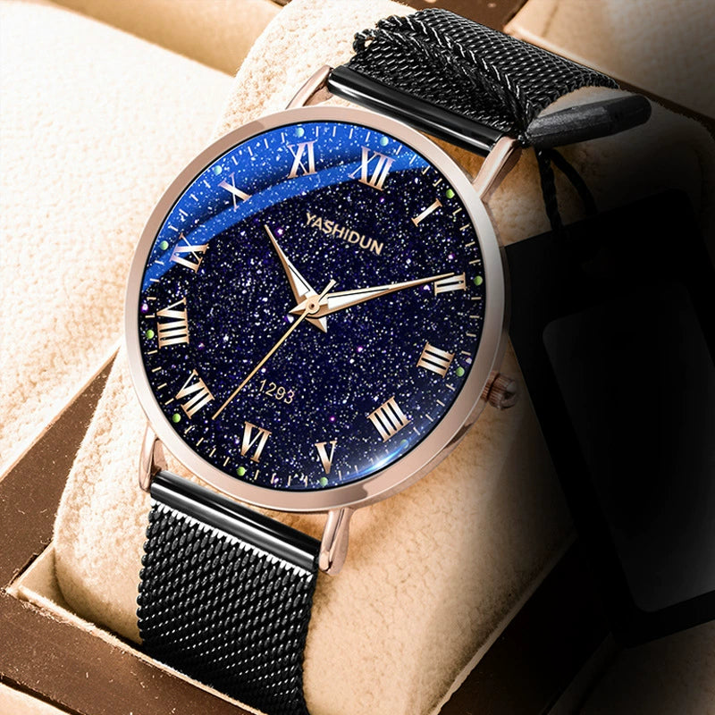 Bocevnor — Black Steel, Blue Galaxy Dial, Arabic Numerals & Black Steel Bracelet, Men