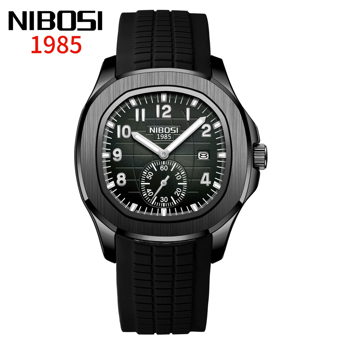 NIBOSI 1985 — Black PVD Steel, Black Dial, Small Seconds & Black Rubber Strap, Men
